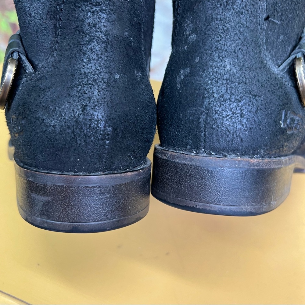 UGG Black Leather and Suede Shearling Sole Moto Style Zip Riding Boots, 6.5 - Picture 10 of 13